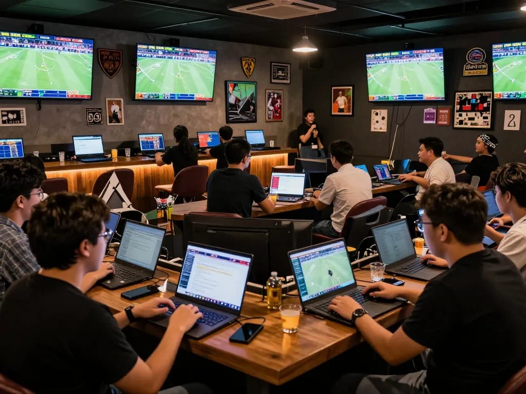 Engaged bettors in a vibrant sports betting lounge using agen bola sportsbook platforms during live games