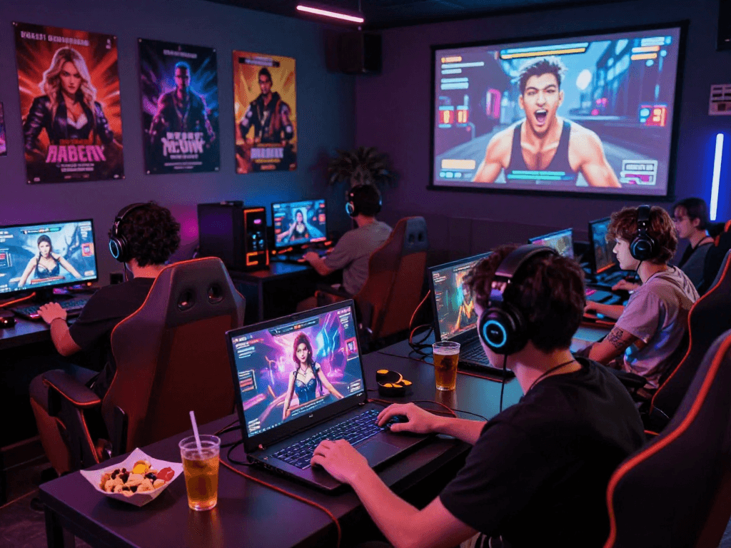 Engaged players enjoying diverse game sex simulations in a vibrant gaming hub.
