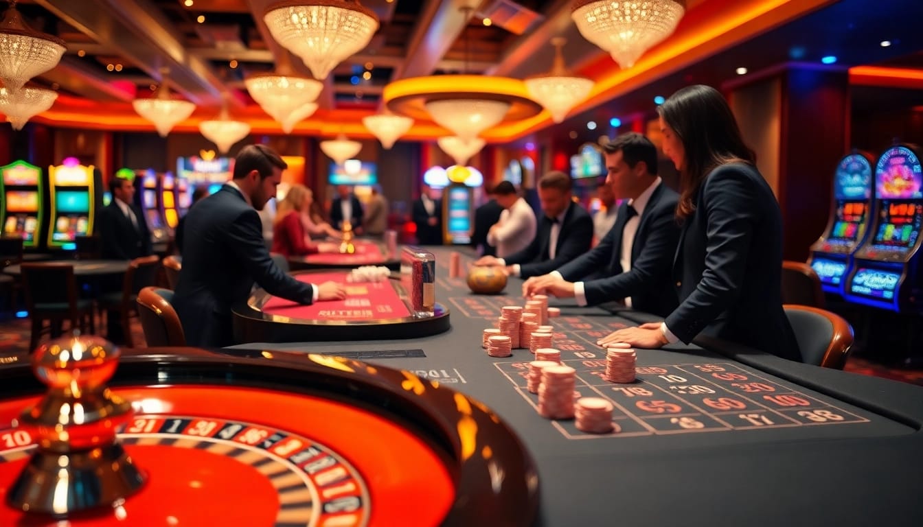 Players enjoying a thrilling game at F168 casino, showcasing vibrant slot machines and roulette tables.