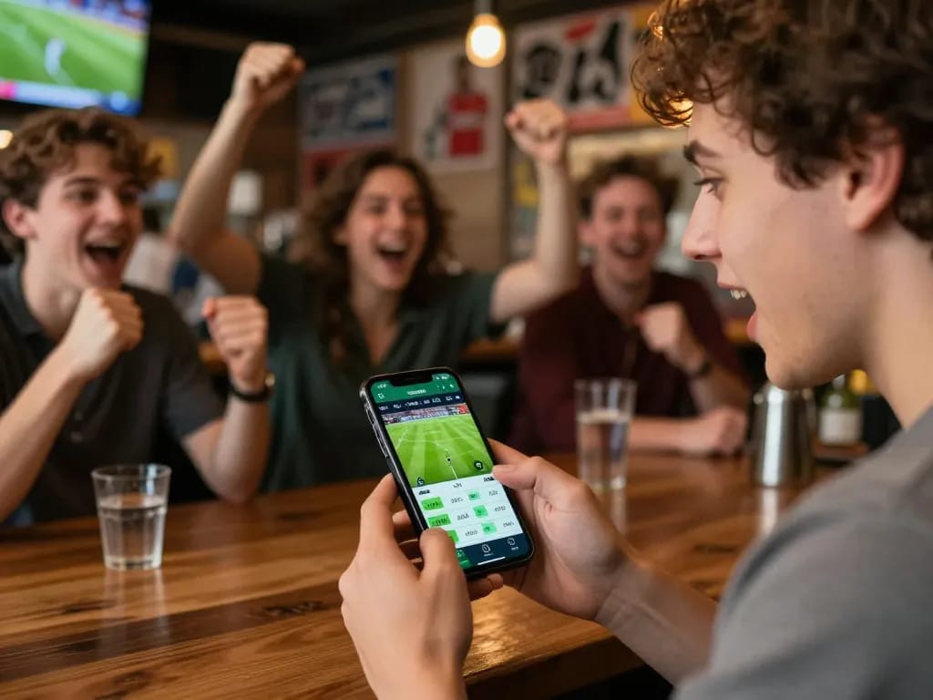 Soccerbetting excitement captured as a person uses a smartphone to place bets during a live game.