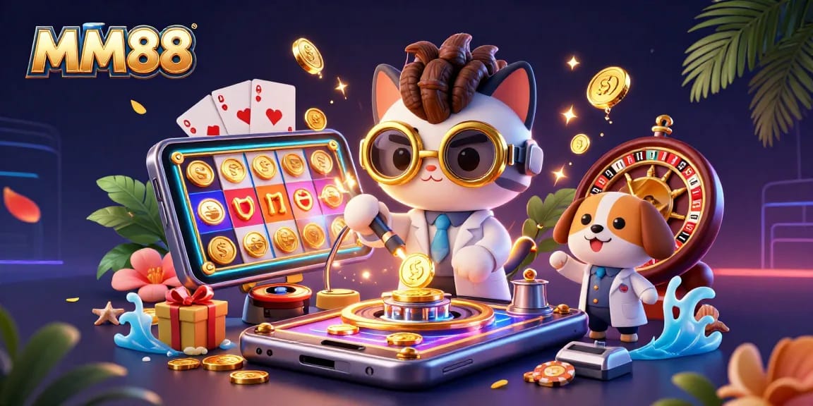 Spin the reels and win with MM88 in a vibrant 3D casino illustration filled with gold coins and gaming elements.