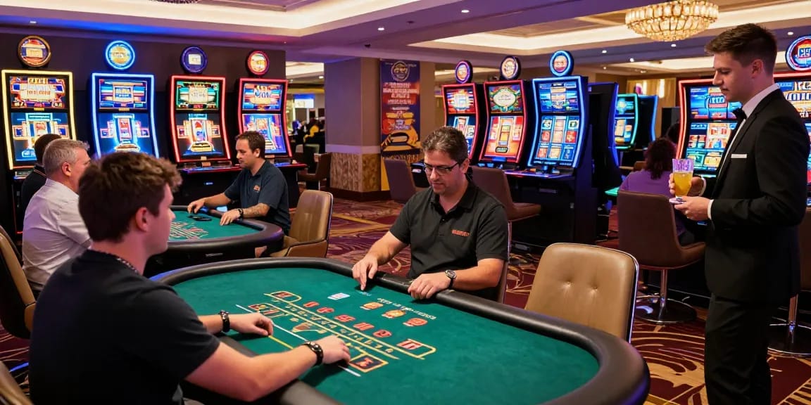 Engaging scene at an online casino featured on https://ccrm.org.uk/ with players enjoying blackjack and vibrant slot machines.
