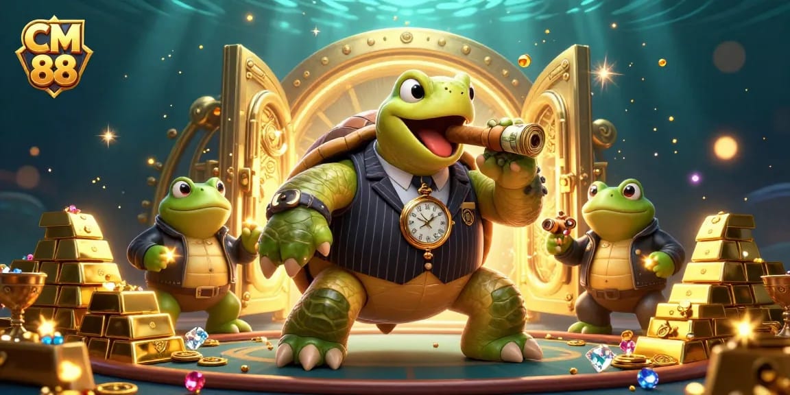 Engage with CM 88 in an exciting casino scene featuring a turtle mobster and frog enforcers, richly detailed elements around.
