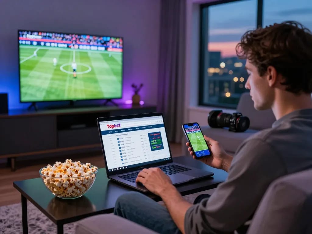 Individual engaging with Topbet online betting on a laptop in a lively living room.