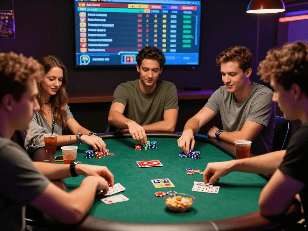 Exciting gaming night showcasing friends engaging with KOMBET168, sharing strategies around poker table.