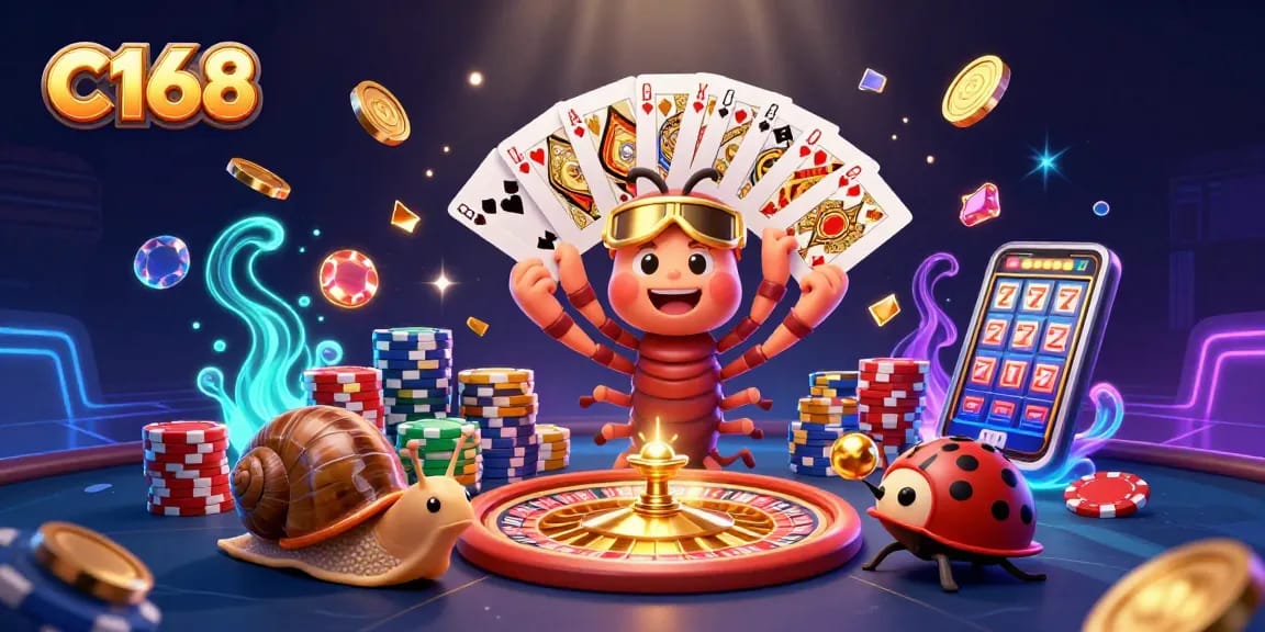 C168 high-stakes casino scene with a cartoon dealer and vibrant game elements attracting players.