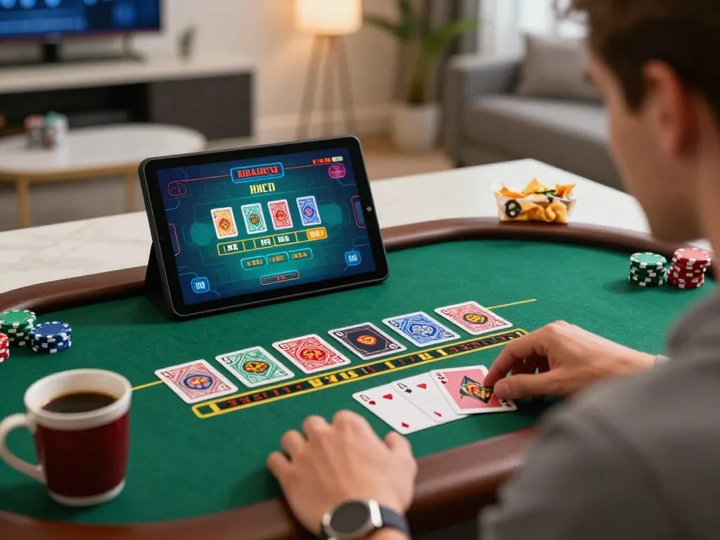 Player at home engaging with bl555 online blackjack, showcasing focused gameplay and strategy.