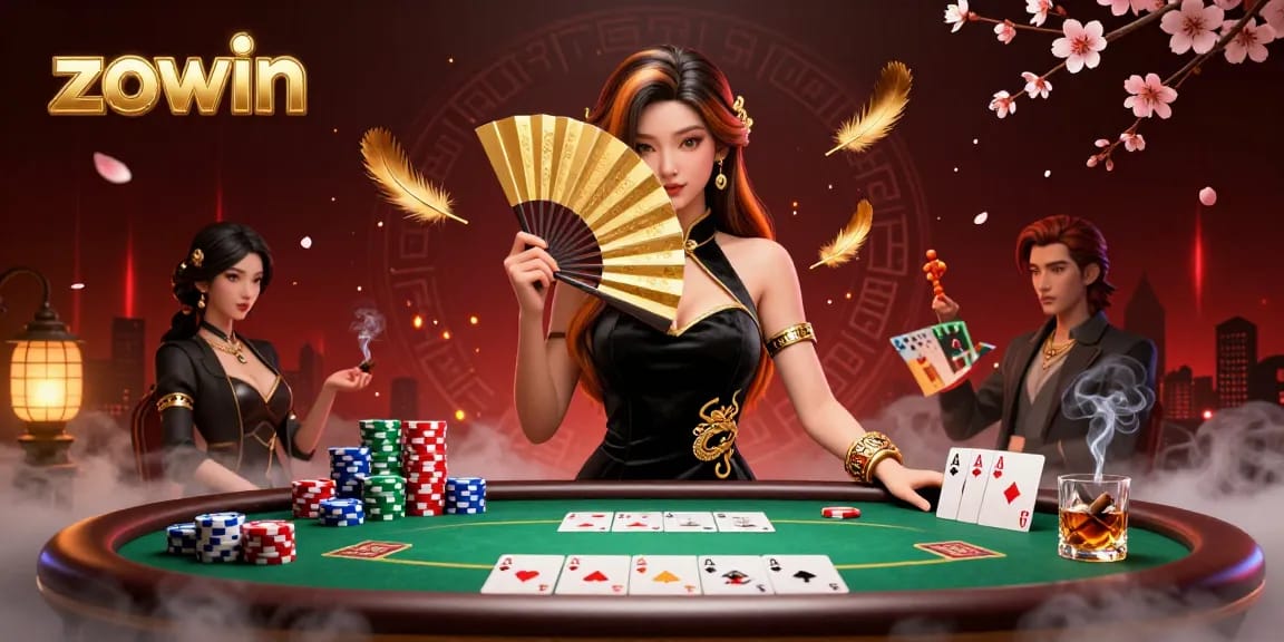 Zowin poker scene with a stunning Asian woman, vibrant poker elements, and golden accents.