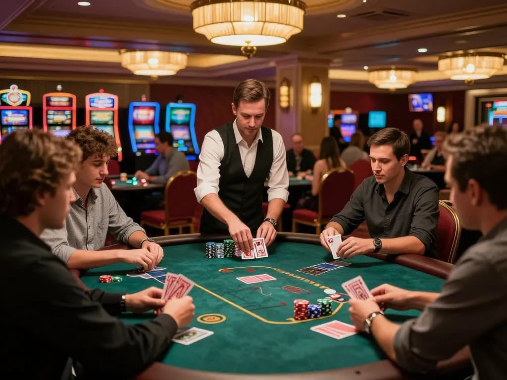 Engaged players enjoying a thrilling blackjack game at hm88 casino under warm lighting.