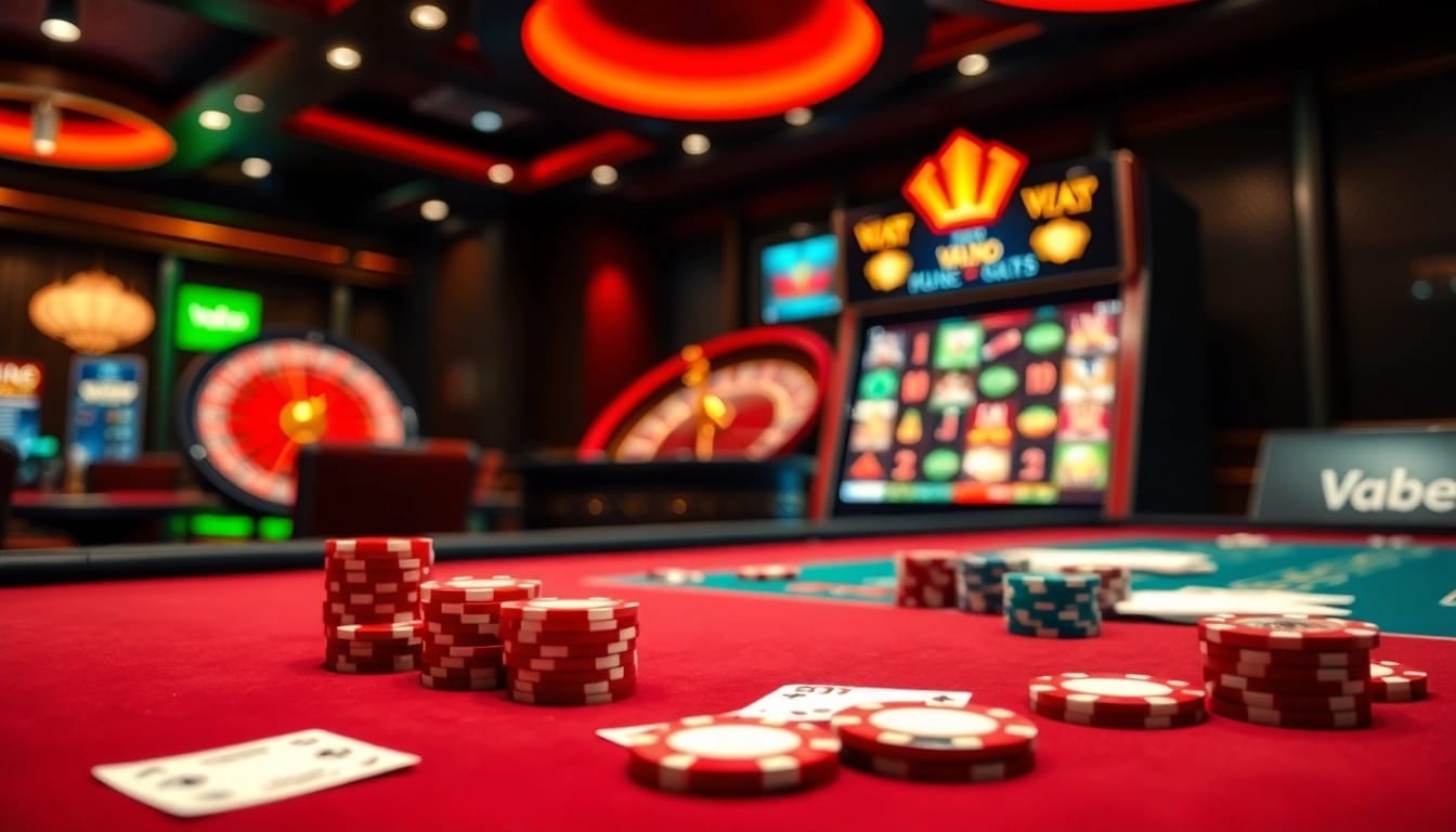 Vaobet players enjoying high-stakes poker at a luxurious casino table with vibrant colors.