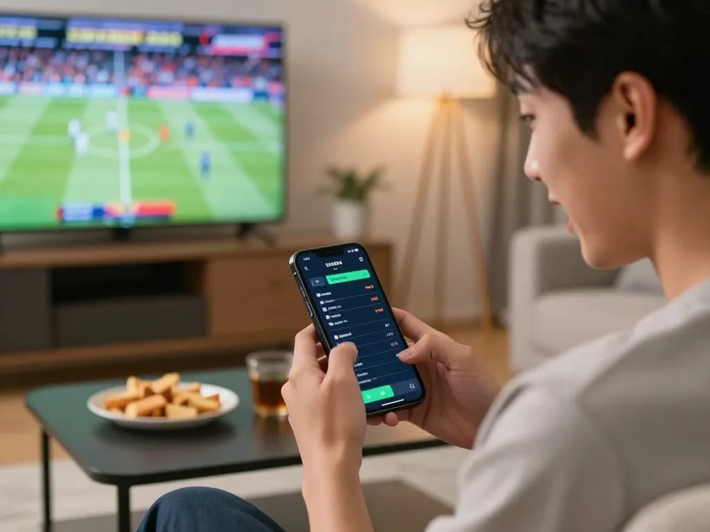 Participants enjoying sports betting via 188bet link on mobile, capturing excitement in a cozy living room setting