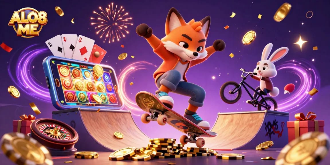Watch ALO8 ME come alive as a fox skater performs tricks amidst vibrant casino imagery.