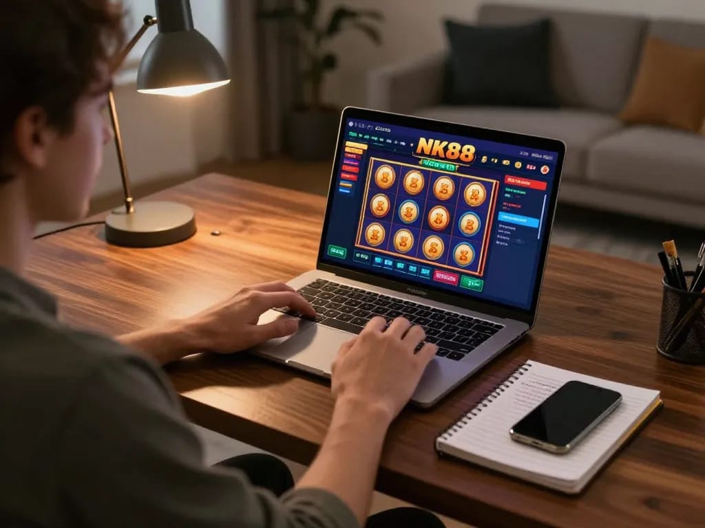 Navigating the NK88 online casino interface while enjoying a strategic gaming session at home.