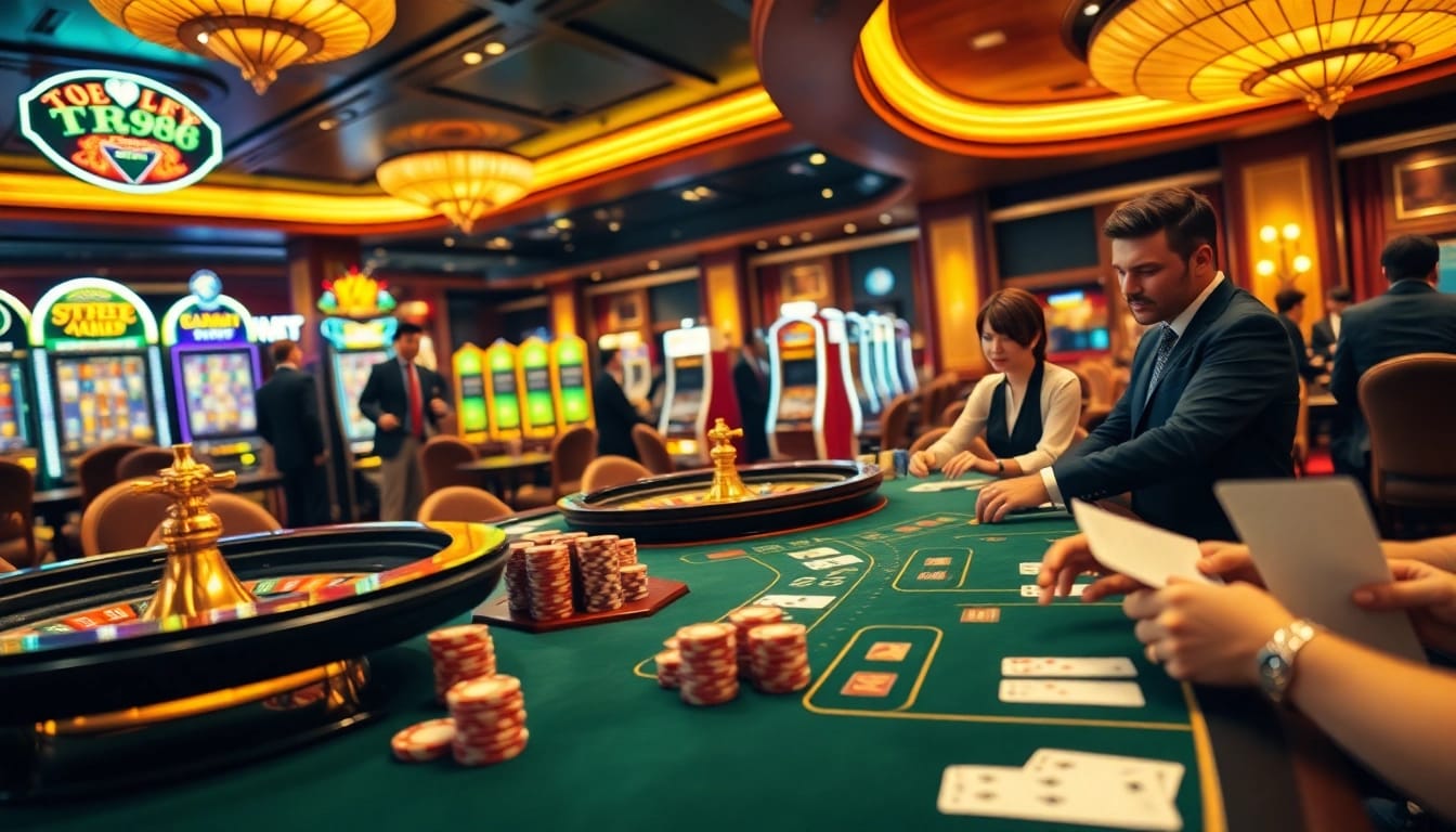 Players engage in high-stakes poker at a luxurious casino table featuring tr88 branding in an exciting atmosphere.