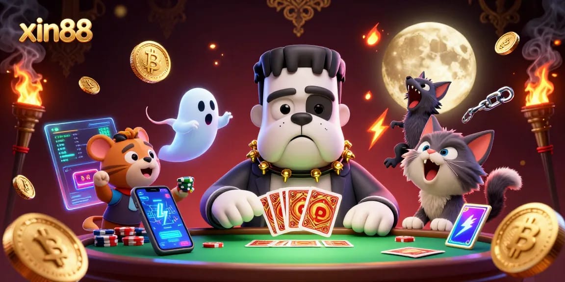 Exciting gameplay at xin88 featuring a bulldog dealer and a ghost mouse amidst vibrant casino elements.