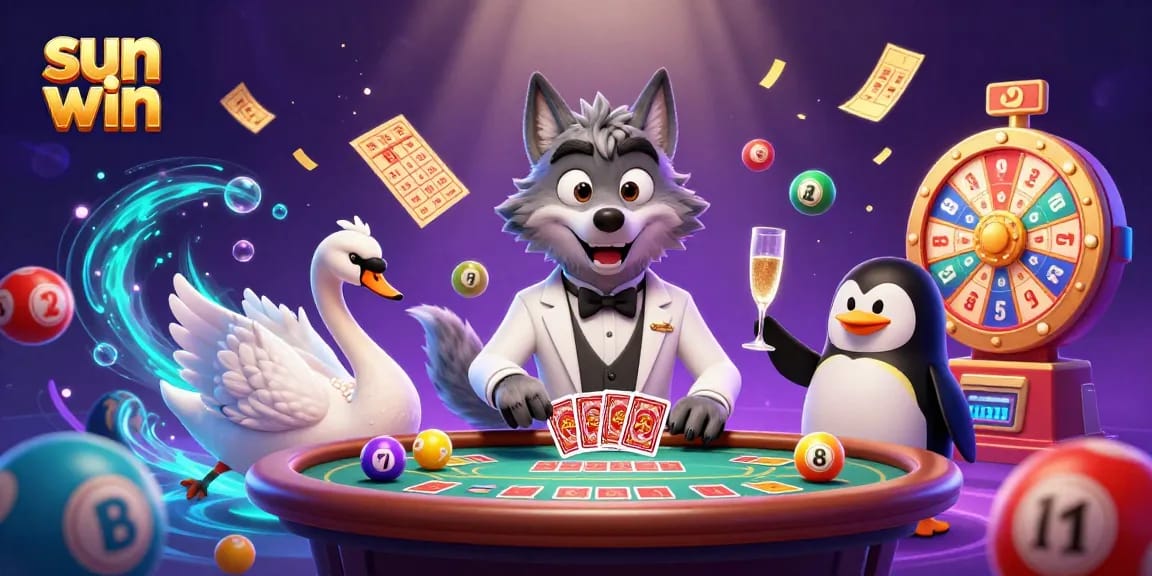 Experience the thrill of sun win at a baccarat table with vibrant games and dynamic characters.