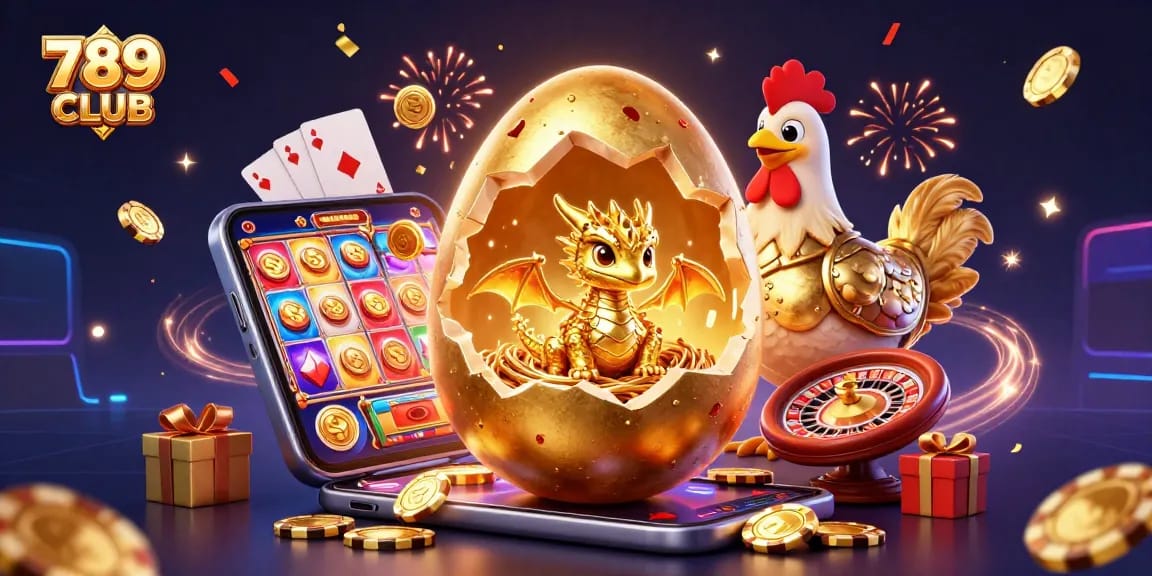Experience the thrill of 789 CLUB with a baby dragon and golden elements in this vibrant casino illustration.
