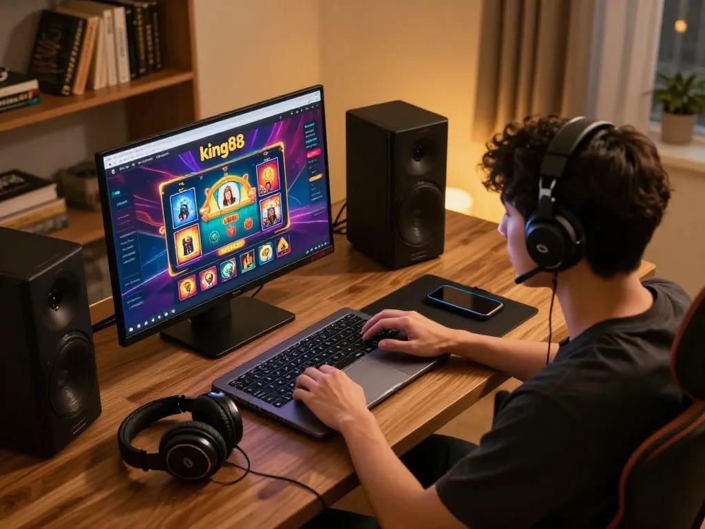 Player engaging with king88's online casino interface while strategizing in a cozy home setup
