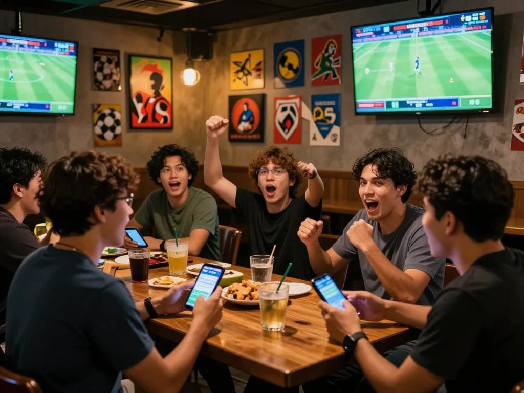 Excited patrons engaging in trang ca cuoc bong da at a vibrant sports betting bar.