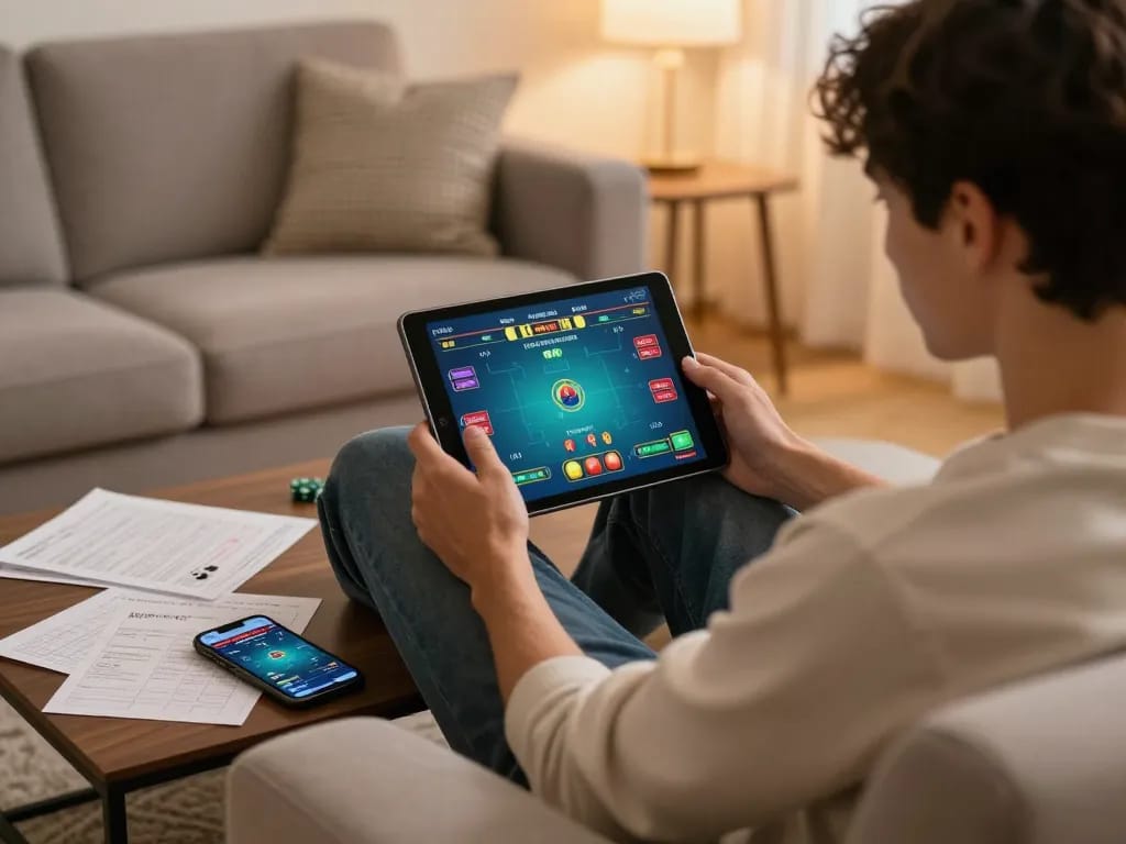 kp88 user engaging in online poker, showcasing a cozy home gaming environment with strategy notes.