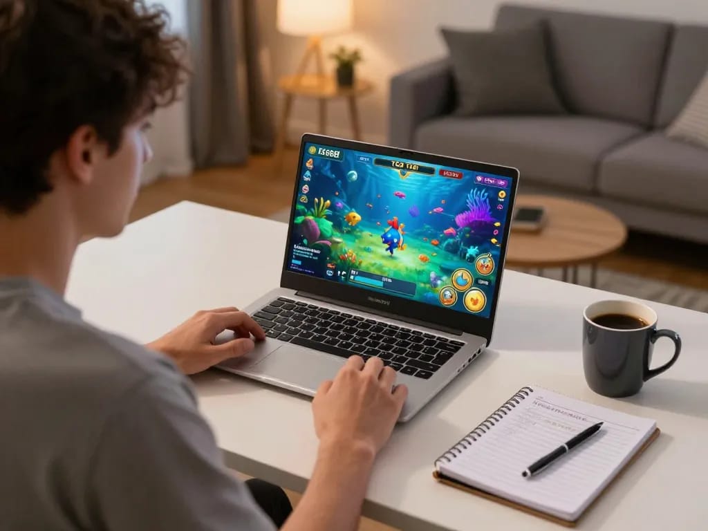 Bắn cá TG88 gameplay on a laptop showcasing engaging graphics and home setting.