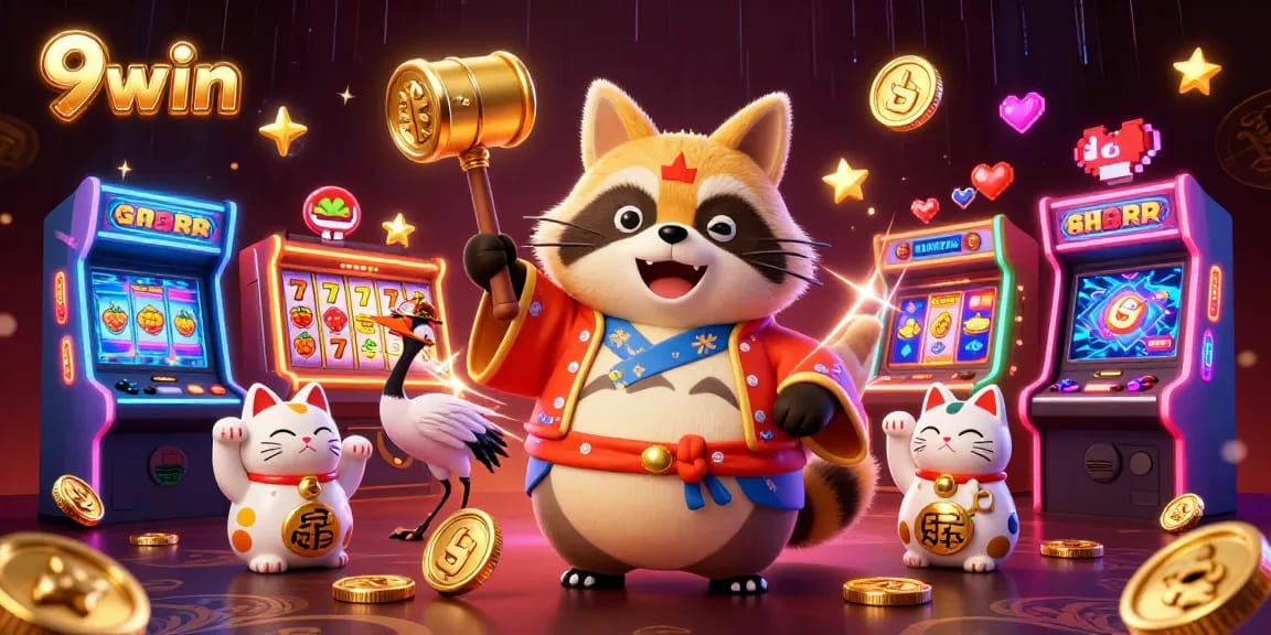 Engage with the vibrant world of 9win as cheerful tanuki, crane, and fortune cats bring luck among colorful slot reels.
