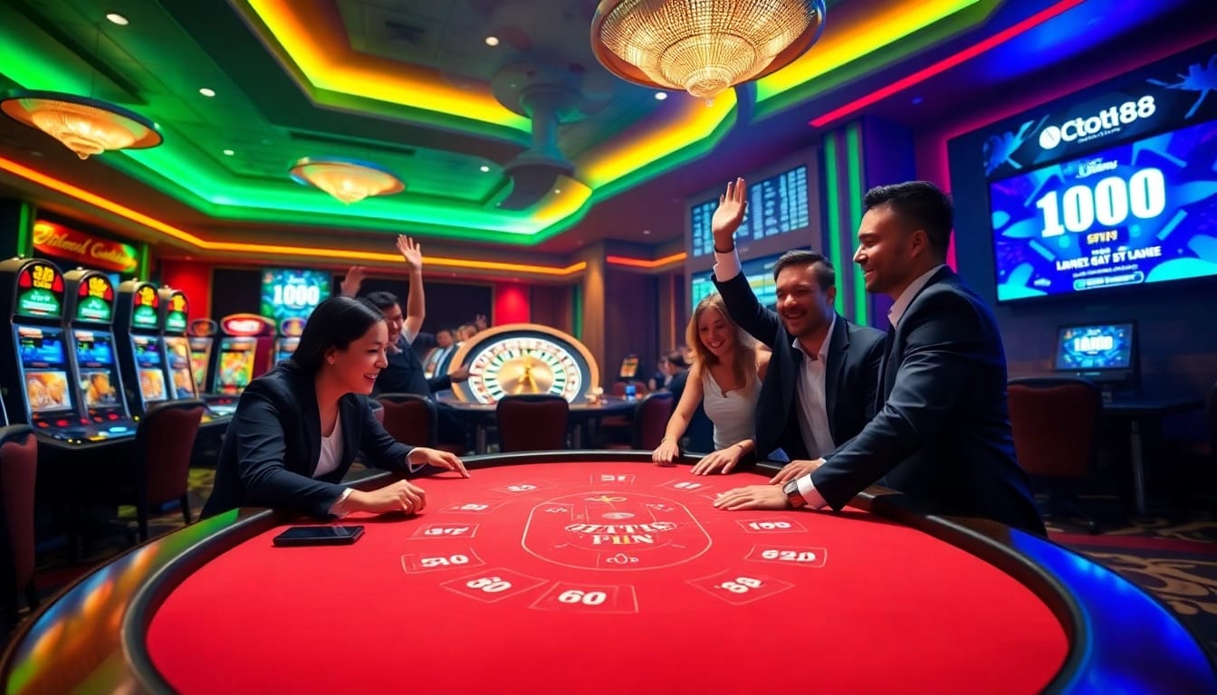 Loto188 players celebrating a big win at a vibrant casino table, enhancing online gambling excitement.