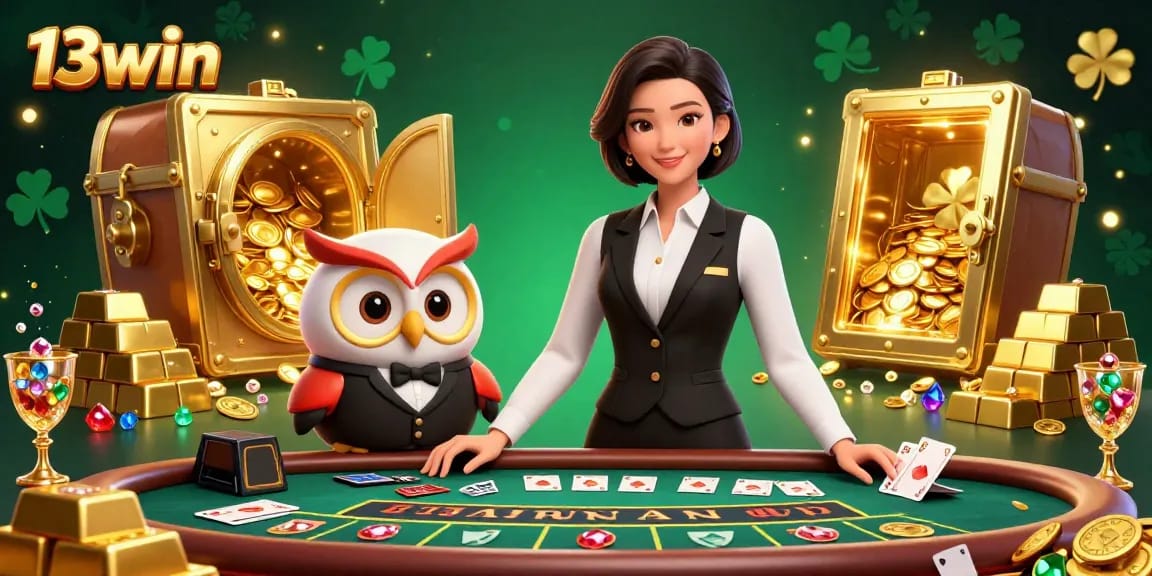 Engage with 13win's vibrant live casino atmosphere featuring dealers and game elements.