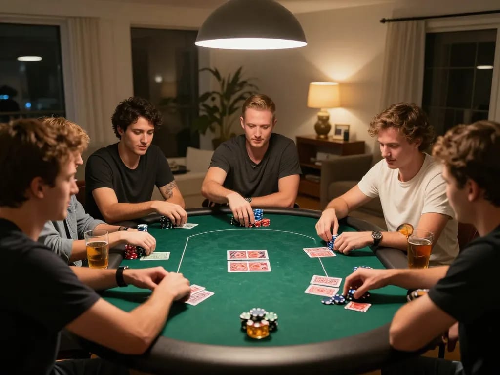 Friends enjoying a poker night with 999bet-themed chips and cards on the table.