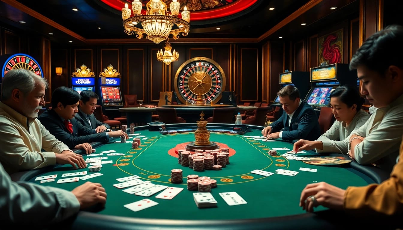 Players enjoying poker at a casino table, with elements from https://nk88zz.bio/ incorporated visually.