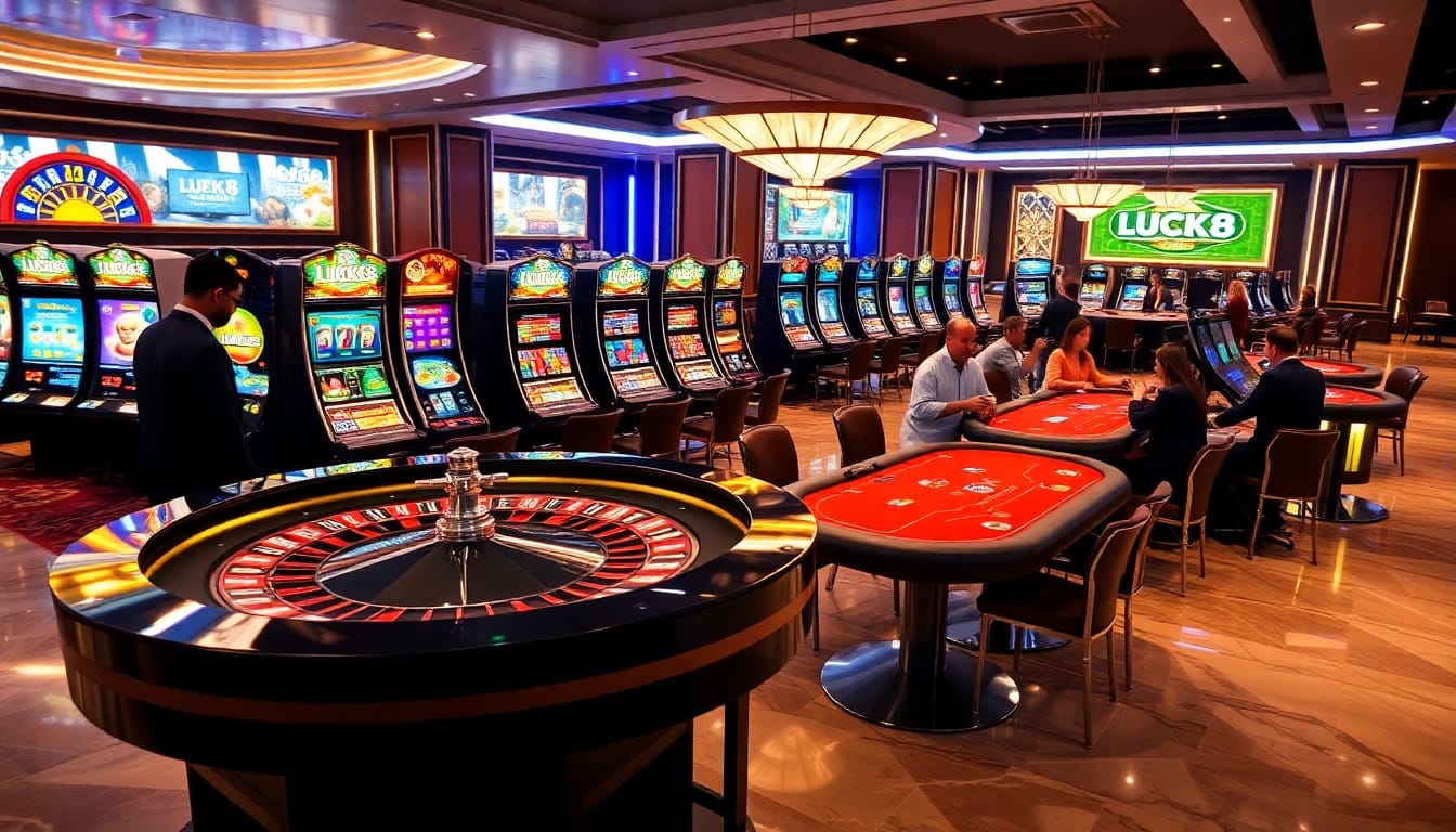 Experience thrilling bets with LUCK8 at a luxurious casino featuring vibrant slot machines and exciting poker tables.
