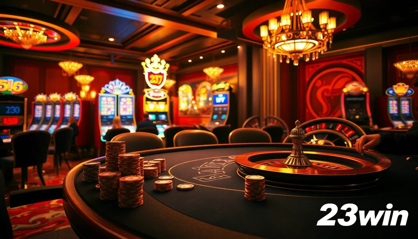 Players enjoying a thrilling game at 23win's vibrant casino table with chips and cards.