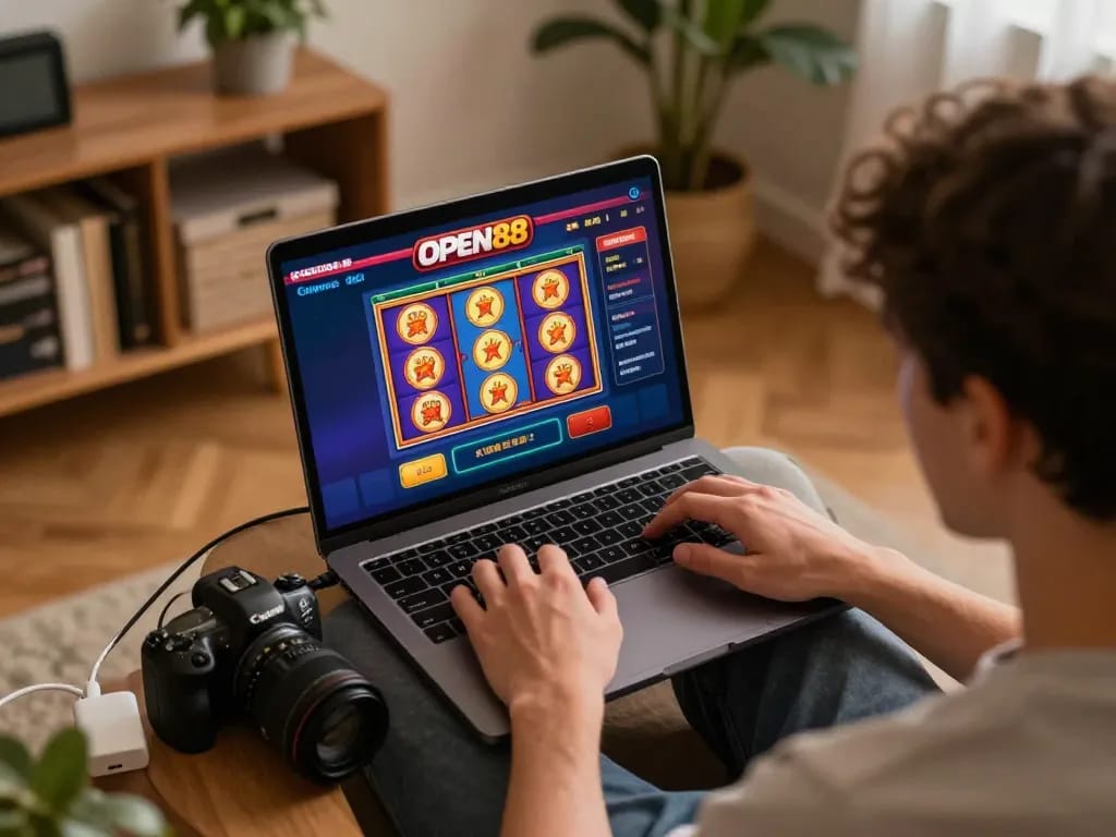 Engaging player enjoying OPEN88 online gaming on laptop in cozy home setting