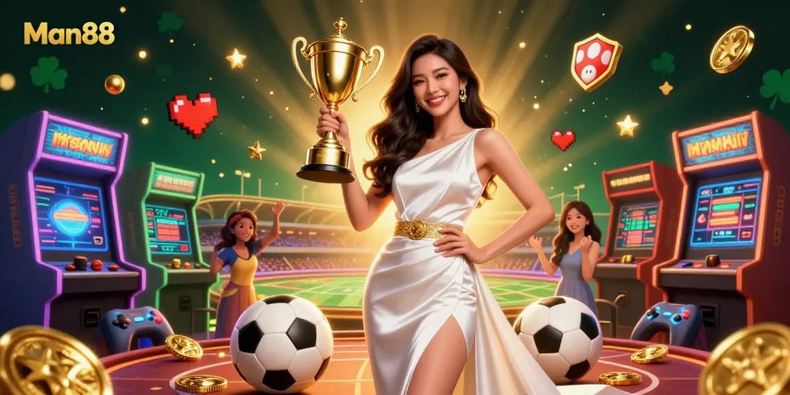 Man88 showcases a triumphant Asian woman in a casino-themed vibrant 3D scene with sports betting visuals.