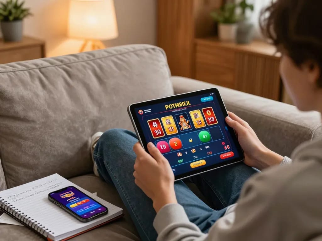 Engaging in online gaming at home on tr88, showing poker and slots excitement on tablet