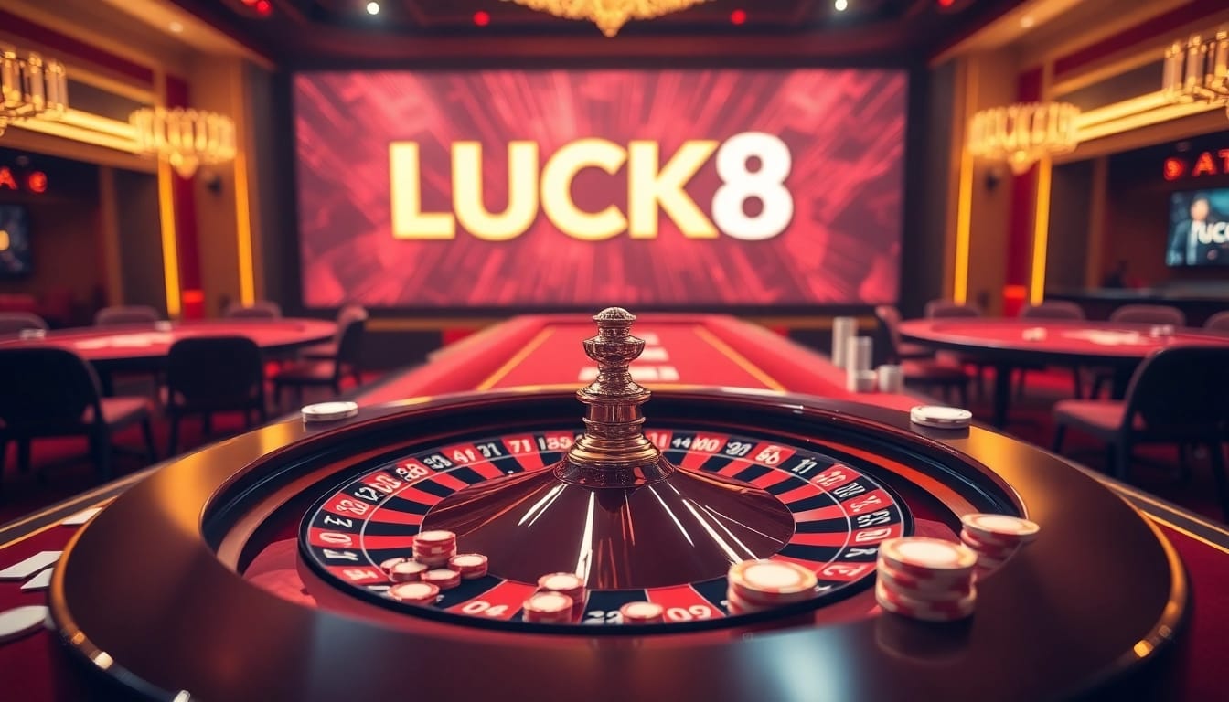 Experience the thrill of LUCK8 at a luxury casino table with roulette and poker games.