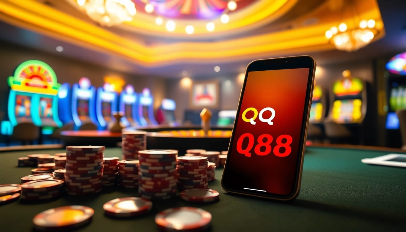 Engaging QQ88 gaming scene with poker chips, roulette wheel, and vibrant slot machines.