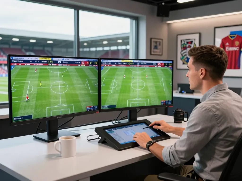 7m sports analysis scene with real-time football match statistics and dynamic graphics in modern studio