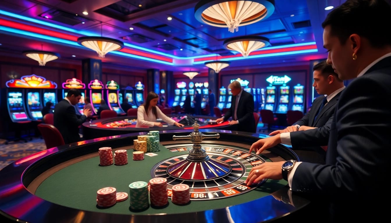 A vibrant casino scene showcasing players at a roulette table, including elements of hidden wiki 2026.