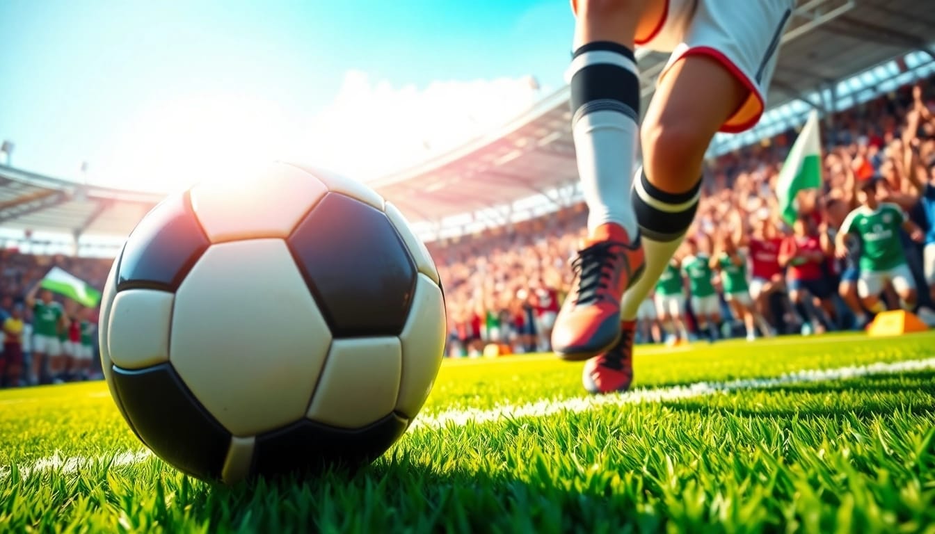 Bongdanet soccer scene showcasing a soccer ball in action with cheering fans in the background.