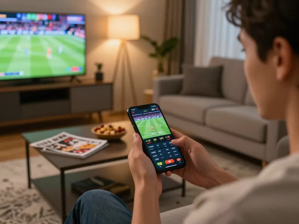 Bsport player placing strategic bets on a smartphone during live sports event.