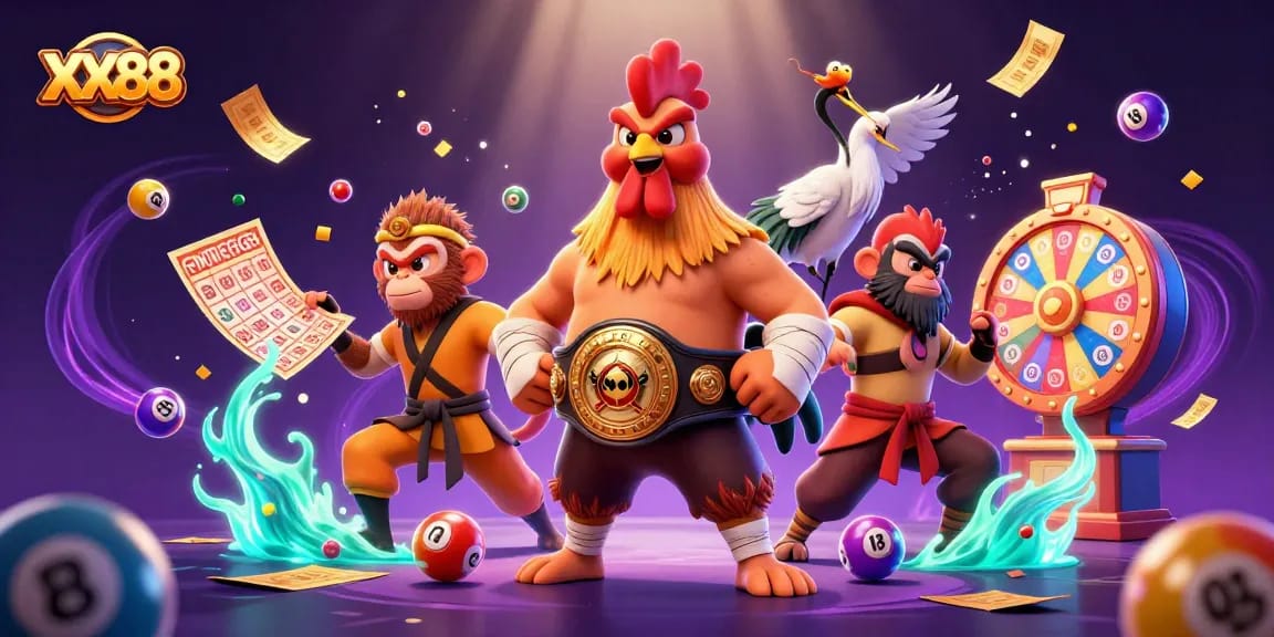 Experience the excitement of XX88 with vibrant lottery elements and dynamic characters in action.