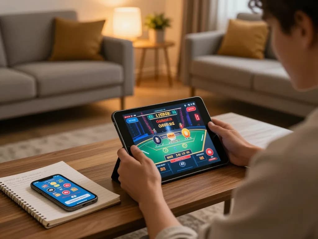 Engaging in online casino games on open88.com with a tablet in a cozy home setting