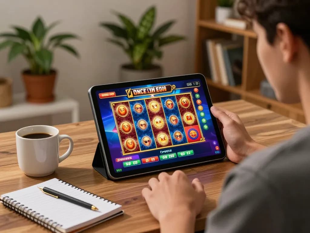 Engaging in Slot Malaysia gaming with vibrant tablet display and cozy home atmosphere.