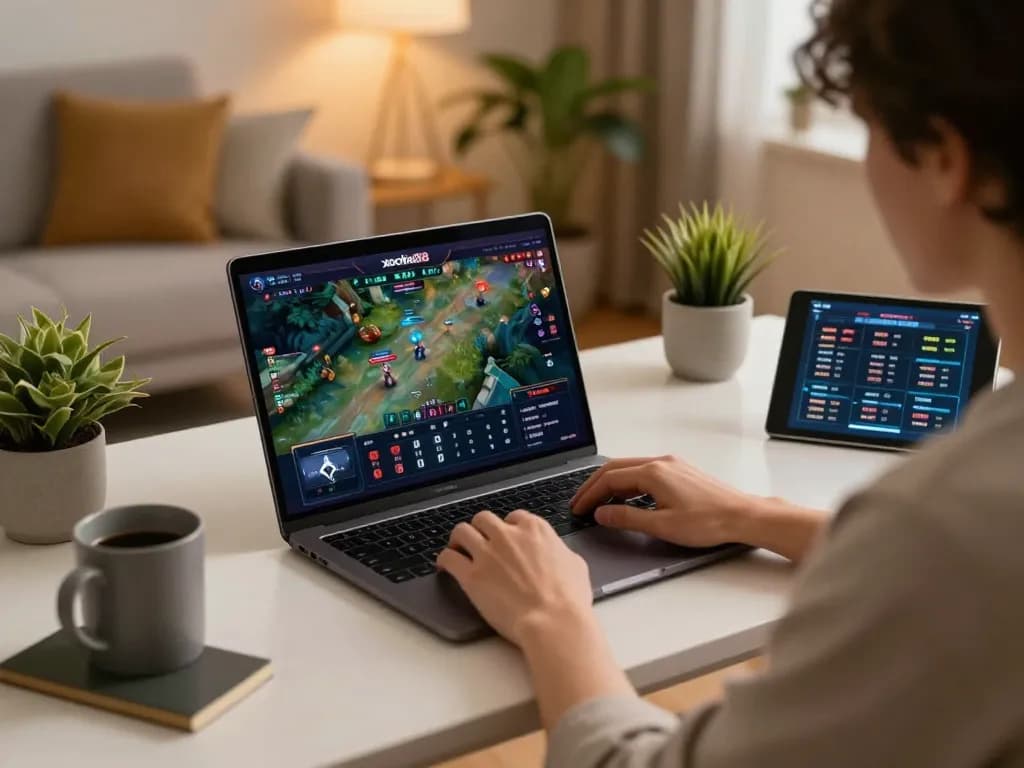 xocdia88 gaming setup with live gameplay on a laptop, showcasing a relaxed home atmosphere