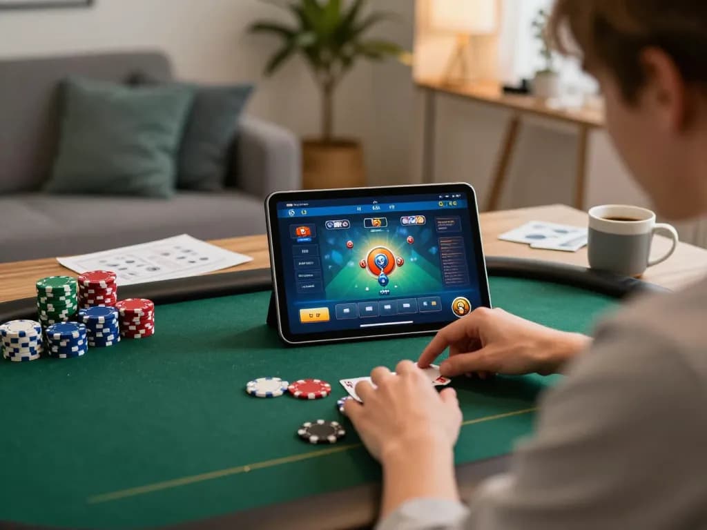 Player engaging in poker on a tablet in cozy home setup at lc88 casino, showcasing vibrant gameplay