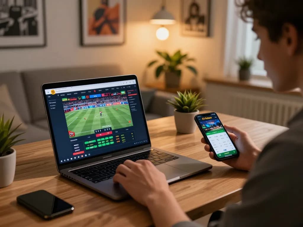 Engaged user placing bets on Thabet gambling platform from a cozy home office setup