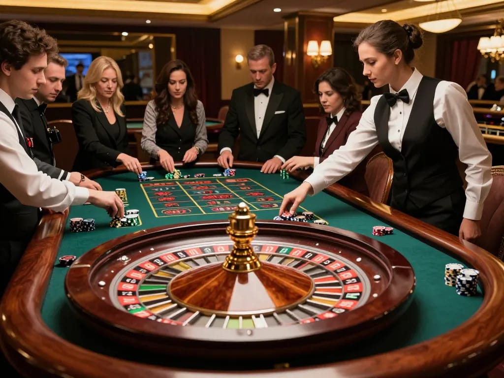 Experience the thrill of fabet with players engaged at a live roulette table in a luxurious casino.