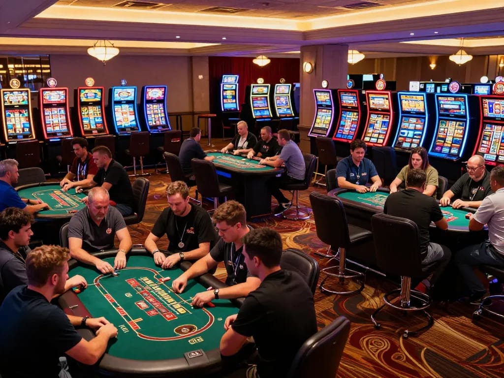 Engaged players enjoying games at f168.ing casino gaming floor, vibrant atmosphere with poker and slots.