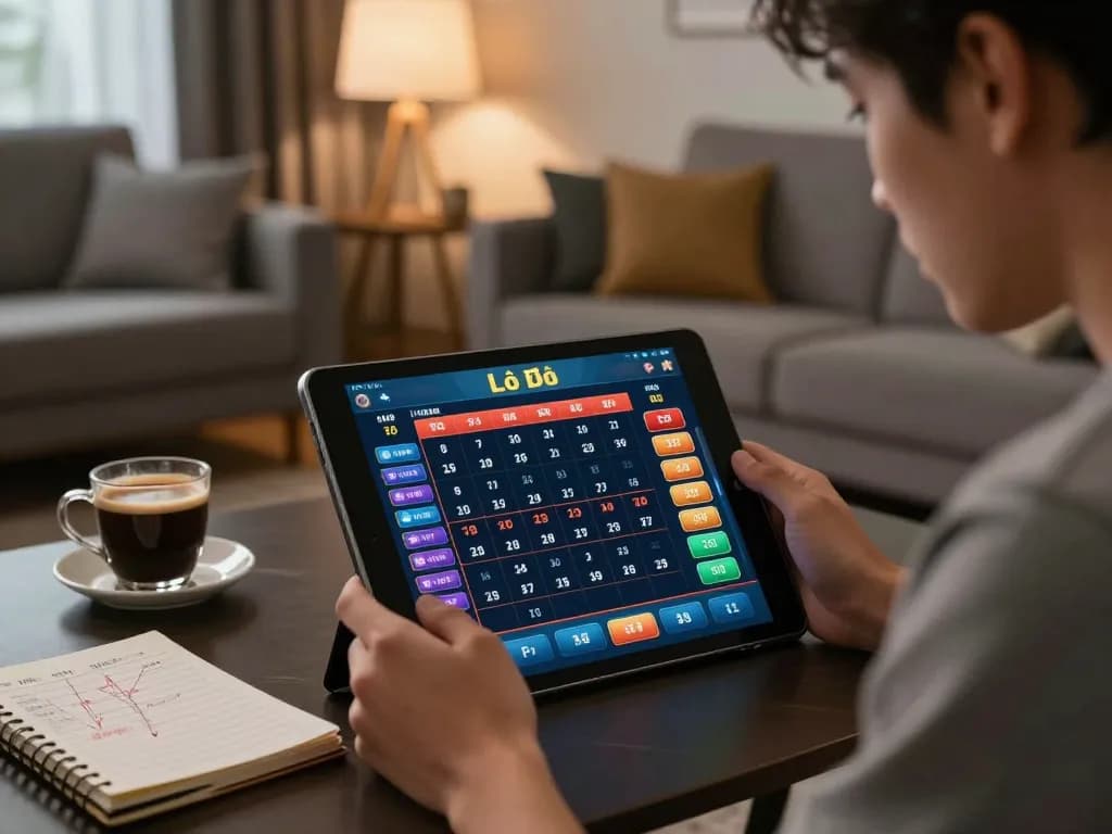 Lô Đề betting on a tablet at home, showcasing a focused player amidst a cozy atmosphere.